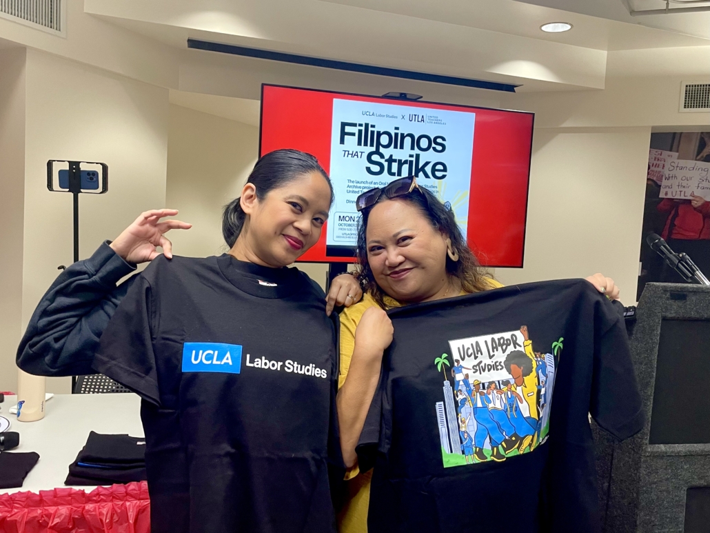 Two UTLA members and participants in Filipinos that Strike project pose together with UCLA Labor Studies Tshirt