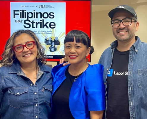 (L to R) Liz Espinoza, Jollene Levid, and Chris Zepeda-Millan pose together smiling at the Filipinos that Strike event