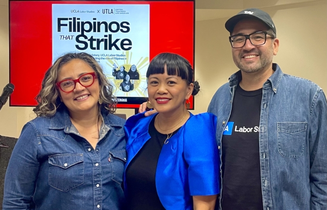 (L to R) Liz Espinoza, Jollene Levid, and Chris Zepeda-Millan pose together smiling at the Filipinos that Strike event