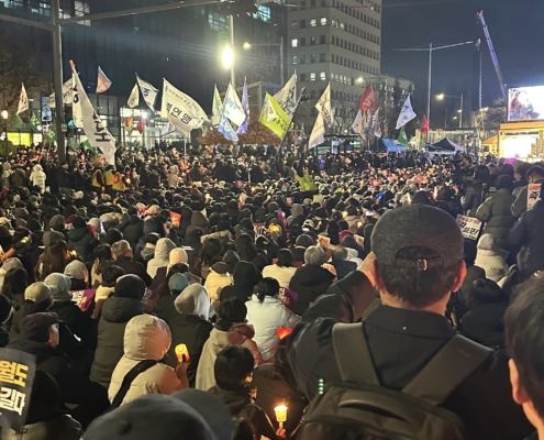 A large crowd of protesters gather in South Korea on December 6, 2024