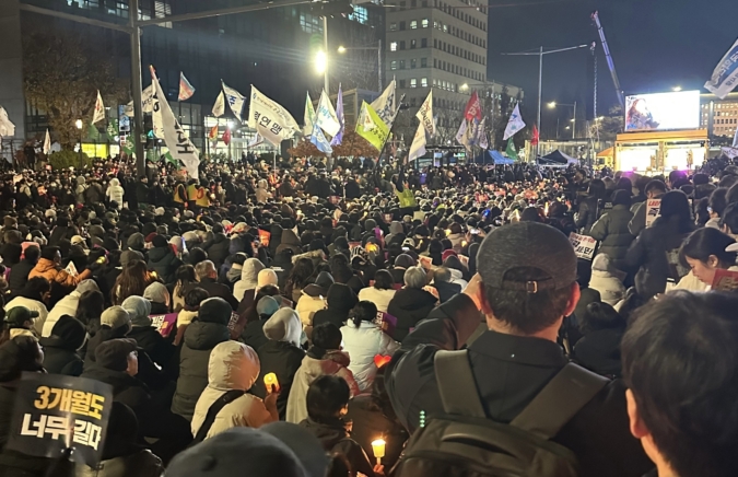 A large crowd of protesters gather in South Korea on December 6, 2024