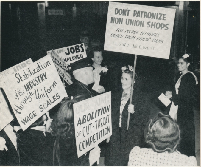Rose Pesotta, center, came to Los Angeles in 1931 at the suggestion of Brookwood Labor College leader A.J. Muste to explore the possibility of starting a labor school on the West Coast. Pesotta is pictured during the 1940 ILGWU strike in Los Angeles. Image from UCLA Library Special Collections.