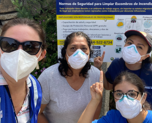 The LOSH team and partners from LA County Department of Public Health’s Office of Worker Health and Safety conduct outreach to workers cleaning up toxic ash and debris after the 2025 fire in Altadena.