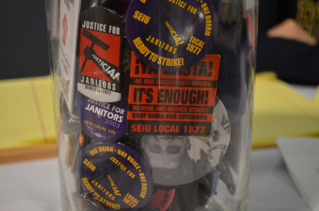 Victoria Marquez’ collection of union buttons, as photographed at Justice for Janitors History Day in 2011. IRLE Archives.