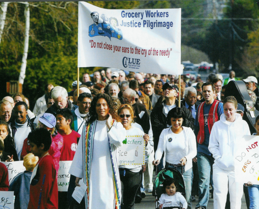 Clergy and Laity United for Economic Justice (CLUE) leads a Grocery Workers Justice Pilgrimage during the Southern California supermarket strike of 2003-2004. At the front of the march is Rev. Alexia Salvatierra. LAANE Collection, IRLE Archives.