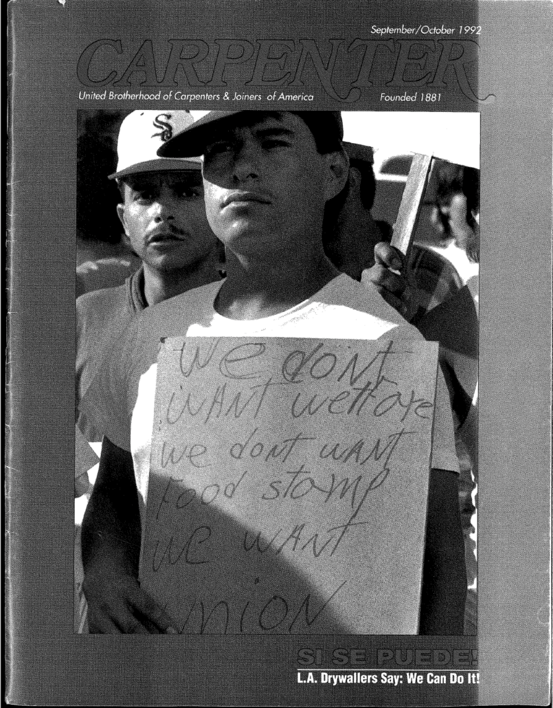 Cover of Carpenter, the magazine of the United Brotherhood of Carpenters and Joiners of America," featuring Latino carpenters on strike in Southern California. Kent Wong Papers, IRLE Archives.