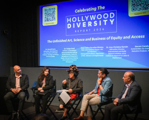 Celebrating the Hollywood Diversity Report Panel with UCLA Executive Vice Chancellor and Provost Darnell Hunt, Entertainment and Media Research Initiative (EMRI) Director Ana-Christina Ramón, Professor Sanjay Sood and Steven Canals (TFT MFA '15).