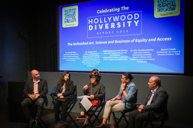 Celebrating the Hollywood Diversity Report Panel with UCLA Executive Vice Chancellor and Provost Darnell Hunt, Entertainment and Media Research Initiative (EMRI) Director Ana-Christina Ramón, Professor Sanjay Sood and Steven Canals (TFT MFA '15).