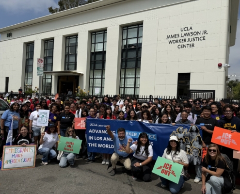 Students, faculty and staff participating in the UCLA Labor Studies 2026 May Day contingent pose for a group photo outside of the UCLA James Lawson Jr. Worker Justice Center in MacArthur Park / UCLA Labor Studies