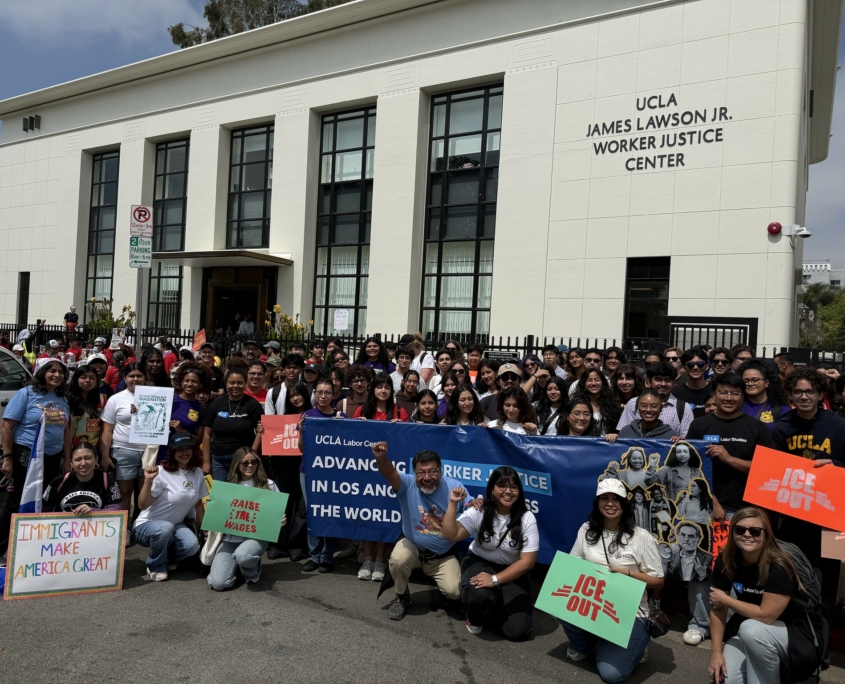 Students, faculty and staff participating in the UCLA Labor Studies 2026 May Day contingent pose for a group photo outside of the UCLA James Lawson Jr. Worker Justice Center in MacArthur Park / UCLA Labor Studies