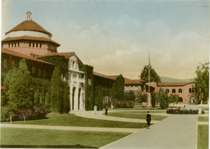 Colorized photograph of Vermont Ave campus scene, ca. 1920 