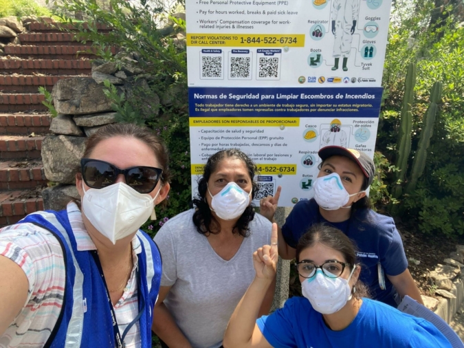 The LOSH team poses for a selfie with partners from the LA County Department of Public Health’s Office of Worker Health and Safety as they conduct outreach on health and safety topics at the Altadena burn site.