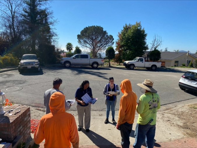 The LOSH team and LADPH partners provide a tailgate safety training for workers engaged in cleanup and rebuilding at an LA wildfire burn site.