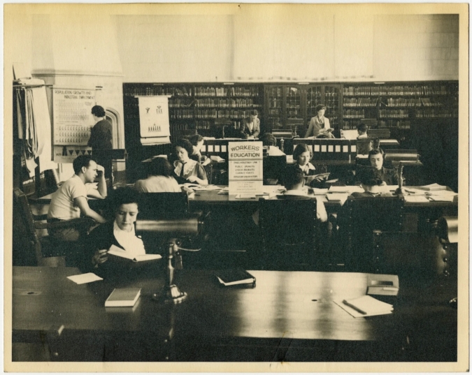 Students participate in a later iteration of the UC Extension operated workers education program, c. 1938. / Occidental College Library, Occidental College