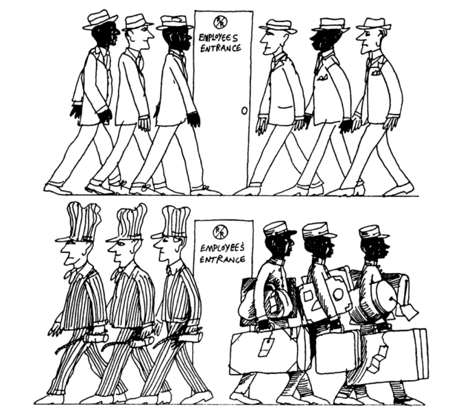 Illustration from the IRLE report, “Merit Employment” depicting workers of different races being assigned different job duties