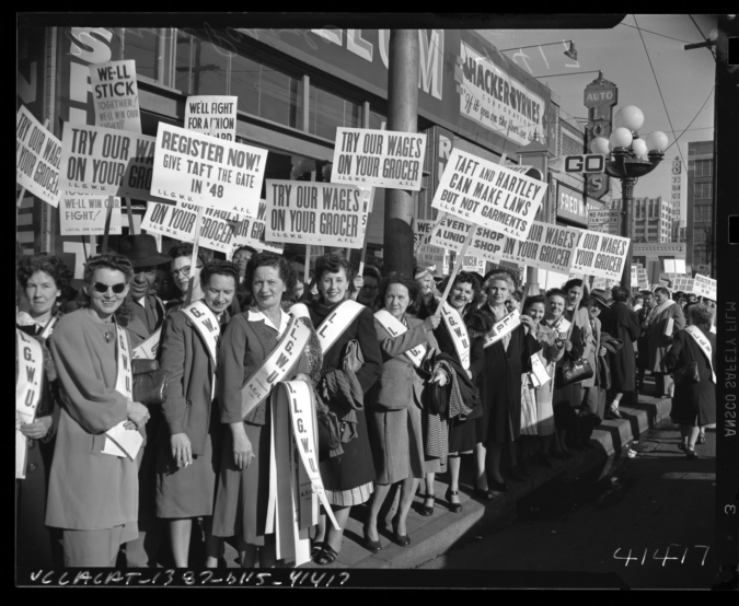 International Ladies Garment Workers Union rally against Taft-Hartley Act in Los Angeles, Calif., c. 1948 / UCLA Library Special Collections