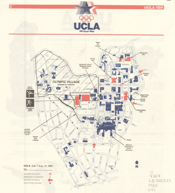 Map of “Olympic Village” and event venue locations at UCLA for the 1984 Summer Olympics, 1984 / UCLA Library Special Collections