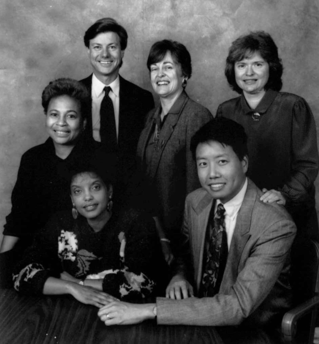 UCLA Labor Center staff in 1992 - top row (right to left): June McMahon; Marianne Brown; Darryl Holter. Bottom row (right to left): Kent Wong; Brixti Abraha; Gwen Hendrix / IRLE Archives