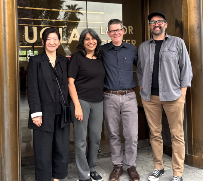UCLA IRLE director Toby Higbie, UCLA Labor Center director Saba Waheed, UCLA Labor Studies interim chair Jennifer Chun and chair Chris Zepeded-Millán at IRLE faculty advisory committee meeting, 2025 / IRLE Archives
