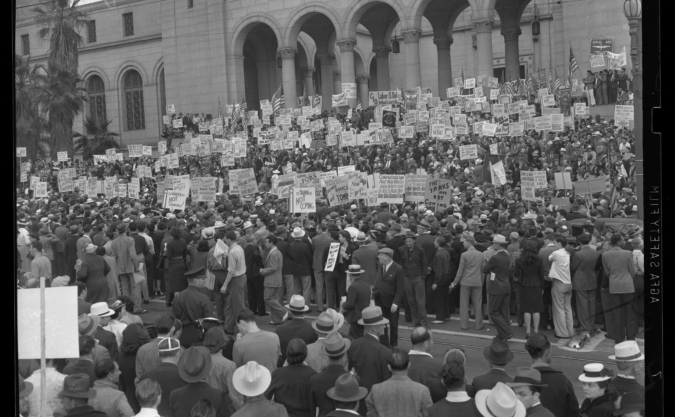 CIO-organized anti-war demonstration outside Los Angeles City Hall, c. 1940 / UCLA Library Special Collections