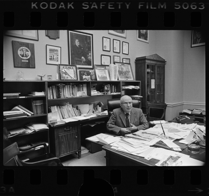 Congressman Augustus F. Hawkins, who introduced the “Equal Opportunity and Full Employment Act,” 1977 / UCLA Library Special Collections