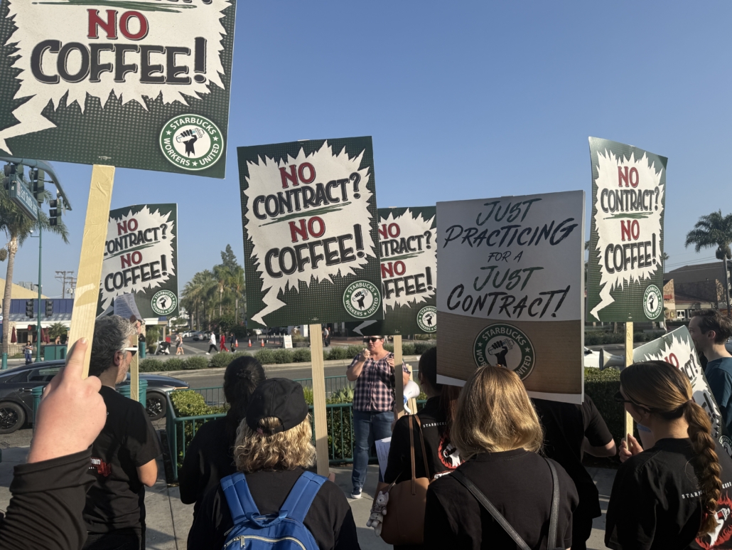 Baristas strike outside the Downtown Disney Starbucks location. 2025. Anaheim, CA. / Photo courtesy of Starbucks Workers United.