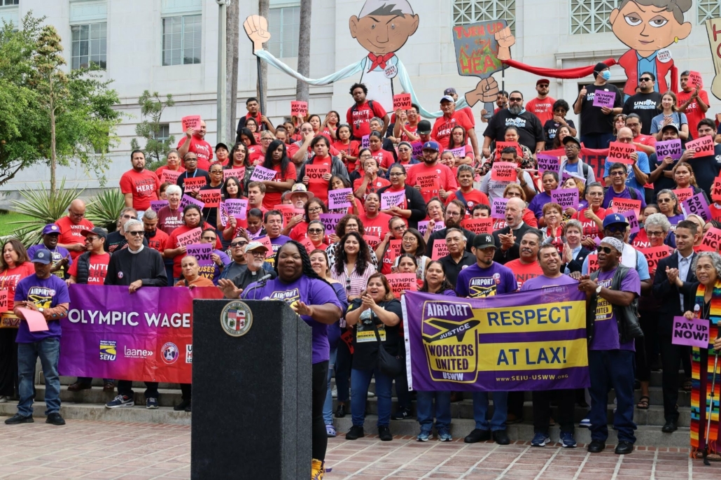 Workers and allies at a September 9, 2025 press conference at Los Angeles City Hall for the Defend the Wage LA Coalition. / Photo courtesy of LAANE.
