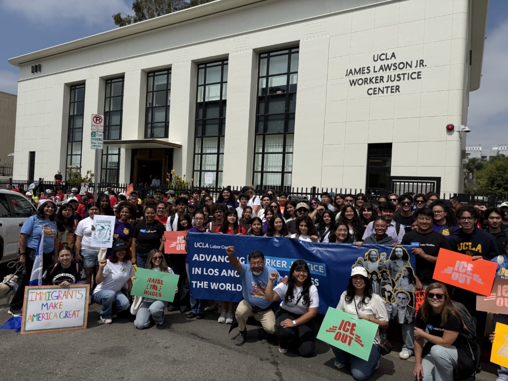 UCLA IRLE-affiliated staff, faculty and students gather outside the UCLA James Lawson Jr. Worker Justice Center. / UCLA IRLE